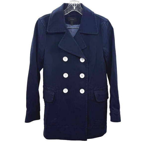 J.Crew Navy Cotton Twill Nautical Pea Coat Jacket Double Breasted Size 2 Pockets - Picture 2 of 13